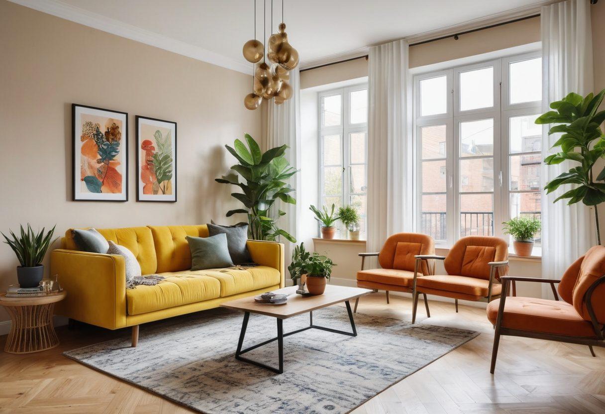 An inviting modern apartment interior showcasing cozy furniture, stylish decor, and space-saving solutions. A living area with a plush sofa, vibrant wall art, and plants, alongside a compact dining space with a chic table setting. Natural light pouring in through large windows, creating a warm atmosphere. Include elements that suggest budget-friendly yet elegant living, like DIY decor touches. super-realistic. vibrant colors. 3D.