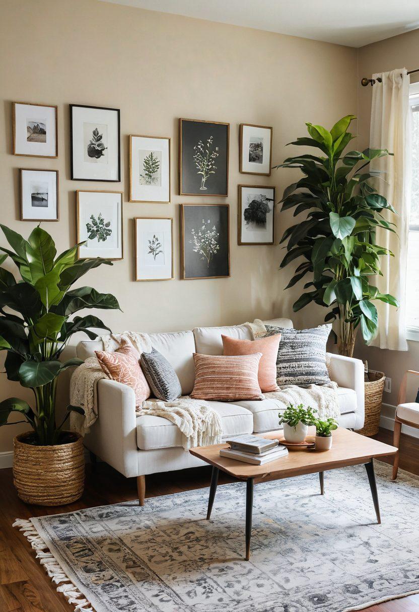 A cozy, stylish apartment interior showcasing budget-friendly decorating ideas, featuring a well-arranged small living room with DIY decor, a mix of potted plants, and thrifted furnishings. Soft, warm lighting casts a welcoming ambiance, with pops of color from decorative pillows and wall art. Include an inviting reading nook with a comfy chair and stacked books. super-realistic. warm tones. detailed textures.