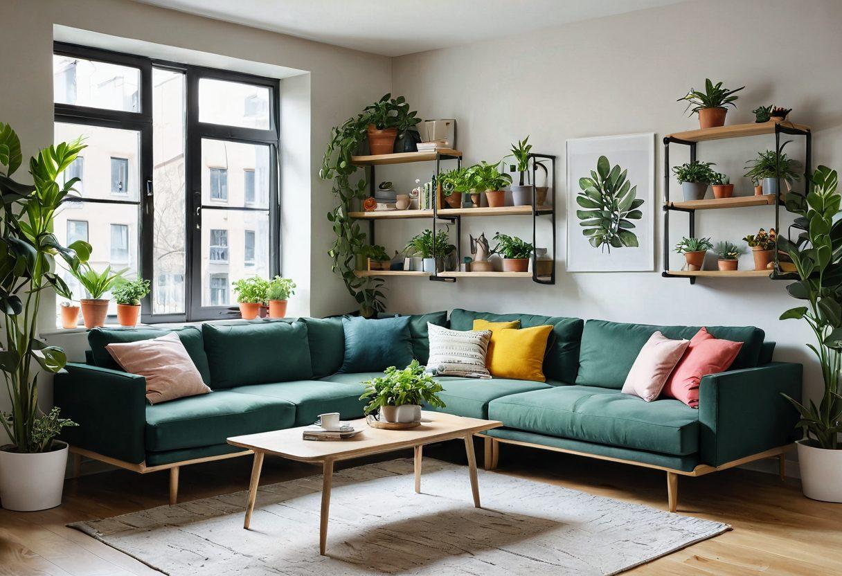 A cozy, stylish apartment interior showcasing innovative space-saving furniture and budget-friendly decor. Include a multifunctional sofa bed, wall shelves filled with plants, and a cheerful color palette. The room should have large windows letting in natural light, creating a welcoming atmosphere. Add vibrant greenery with potted plants to enhance the feeling of space and liveliness. super-realistic. vibrant colors. natural light.